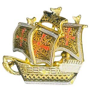 VTG Damascene Spain Galleon Sail Boat Ship Pin Brooch Gold Tone Nautical 1960’s